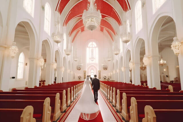 バージンロードを進む新郎新婦