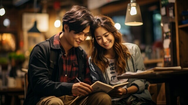 結婚式場を選んでいるカップル