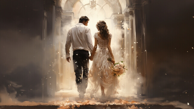 教会に入場する新郎新婦