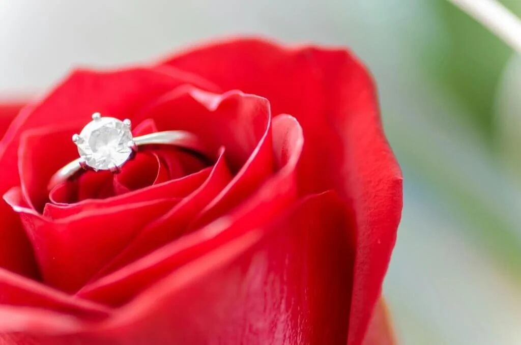 赤い薔薇の中に置かれた大きなダイヤモンドの婚約指輪