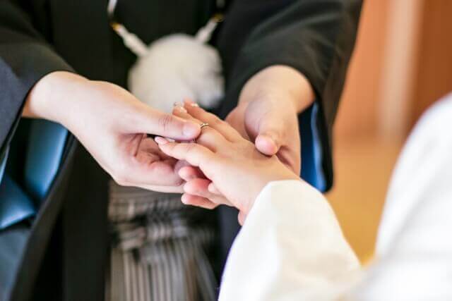 左手の薬指に結婚指輪をはめる新郎とそれを受け入れる白無垢姿の新譜白無垢姿の新婦