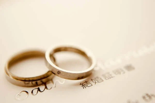 結婚証明書の上に、乗せられた1組の金色の結婚指輪