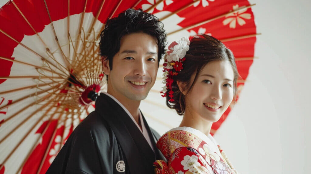 紋付袴と色打掛を着て、番傘を指して、笑顔で微笑んでいる新郎と新婦