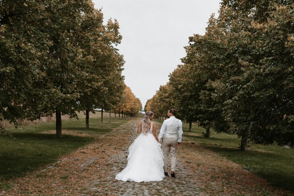 ん落ち葉がたくさん落ちている。森の小道を向こうに向かって手を繋ぎ歩いているタキシードとウェディングドレス姿のの新郎新婦。